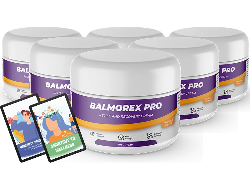 Balmorex Pro official pricing showing one, three and six jar packages with discounts, free shipping and money-back guarantee.