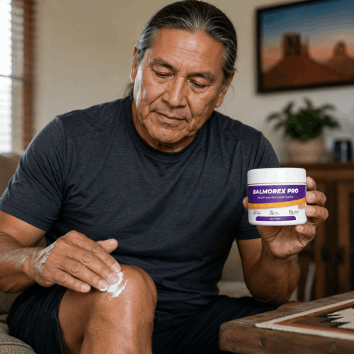 Man holding Balmorex Pro™ Relief & Recovery Cream for back comfort, muscle recovery, joint support, and daily mobility.