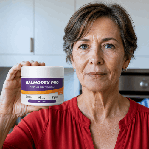 Happy customer holding Balmorex Pro™ Cream for muscle relief, joint comfort, recovery, and an active lifestyle.